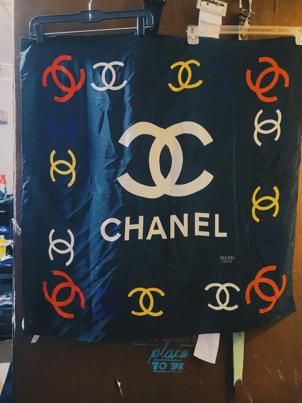 CHANEL Black Silk Logo Scarf with White, Red, Yellow and Blue CC Motifs